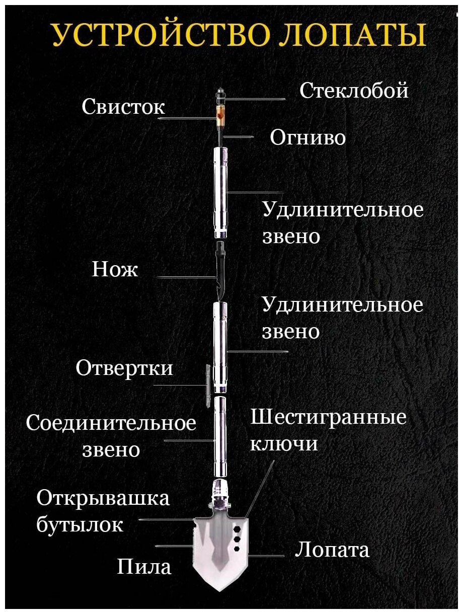 Лопата складная саперная тактическая туристическая многофункциональная, сталь 76 см, серебряный - фотография № 2