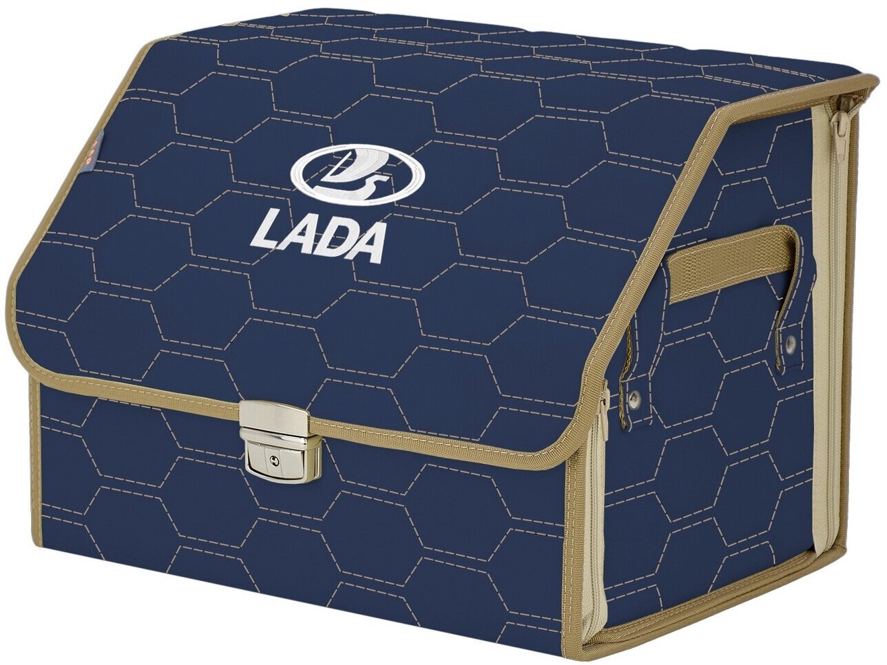 Органайзер-саквояж в багажник "Союз Премиум" (размер M). Цвет: синий с бежевой прострочкой Соты и вышивкой LADA (лада).