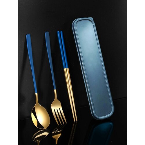 Набор столовых приборов с палочками для суши и роллов, металлические, цвет: синий с золотом
