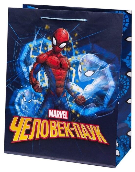 Бумажный пакет Человек-Паук в ночи для сувенирной продукции , с ламинацией, с шириной основания 26 см, плотность бумаги 140 г/м2 / 26х32.4х12.7см арт.