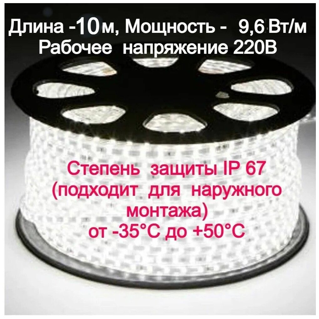 Уличная светодиодная лента готовый комплект 10м. 220в мощность 96 вт/м( 120 светодиодов на метр)6500К(холодный белый)