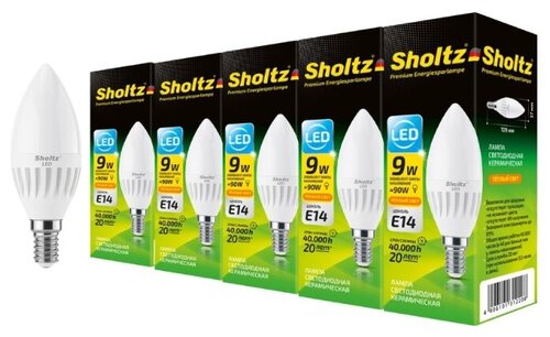 Комплект из 5 светодиодных энергосберегающих ламп Sholtz свеча С37 9Вт E14 2700К 175-265В керамика (Шольц) LEC3122P