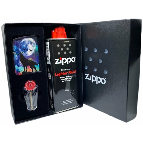 Подарочный набор ZIPPO ( Зажигалка ZIPPO 49683 Wolf Design, разноцветная, с покрытием 540 Matte + кремни + топливо, 125 мл )