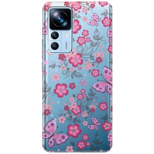 Силиконовый чехол на Xiaomi 12T, 12T Pro, Сяоми 12Т, 12Т Про с 3D принтом Butterflies and Flowers прозрачный чехол книжка на xiaomi 12t 12t pro сяоми 12т 12т про с 3d принтом kittens and trails золотой