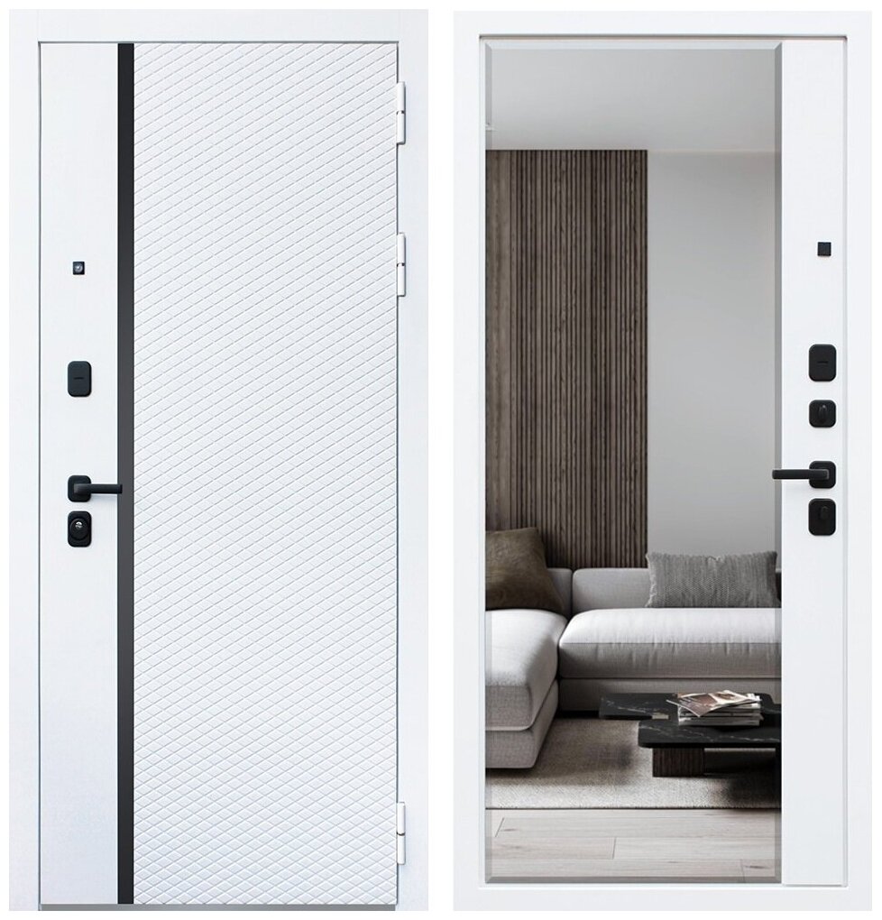 Входная металлическая белая дверь АСД Ливерпуль с Зеркалом (Белый матовый) 880 мм левая
