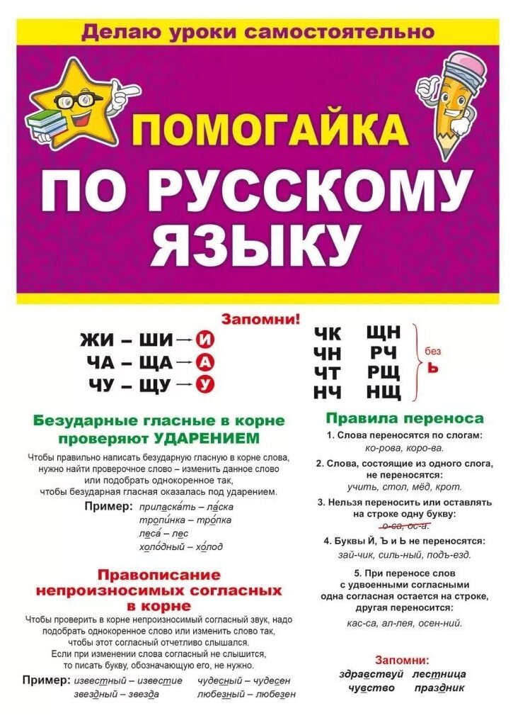 Обучающий плакат буклет-шпаргалка двусторонний "Помогайка" по русскому языку, формат А5, размер 14х21 см