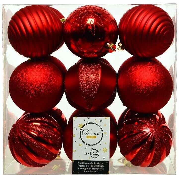 Набор пластиковых шаров мольте траме, красный, 8 см (упаковка 18 шт.), Kaemingk (Decoris) 029168