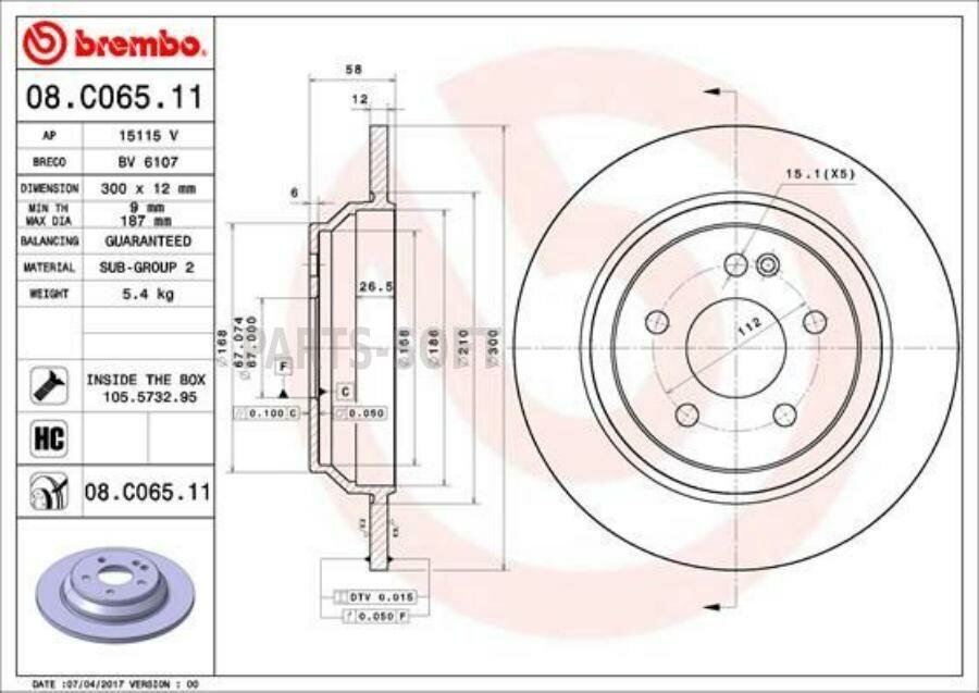 BREMBO 08C06511 Диск торм. задн. 300x12 5 отв.