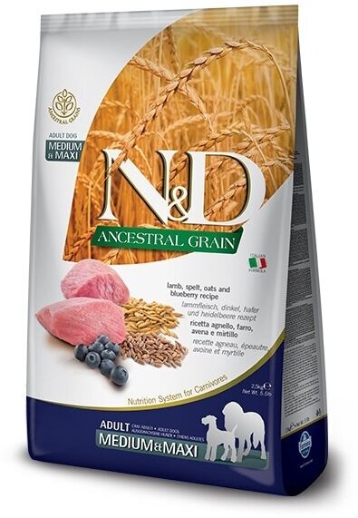 Farmina N&D Dog Ancestral Grain Adult Medium&Maxi корм для собак Ягненок, спельта, овес и черника, 2,5 кг.