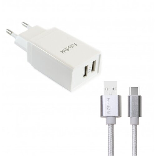 Сетевая зарядка FaisON 2xUSB C-17, Square, 2.4A, кабель Type-C, 1.0 м, белый сетевая зарядка faison 2xusb c 21 skill 2 1a кабель микро usb белый