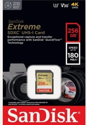 Изображение товара Карта памяти Sandisk Extreme SDXC Class 10 UHS-I U3 V30 256Gb (180/130 MB/s)
