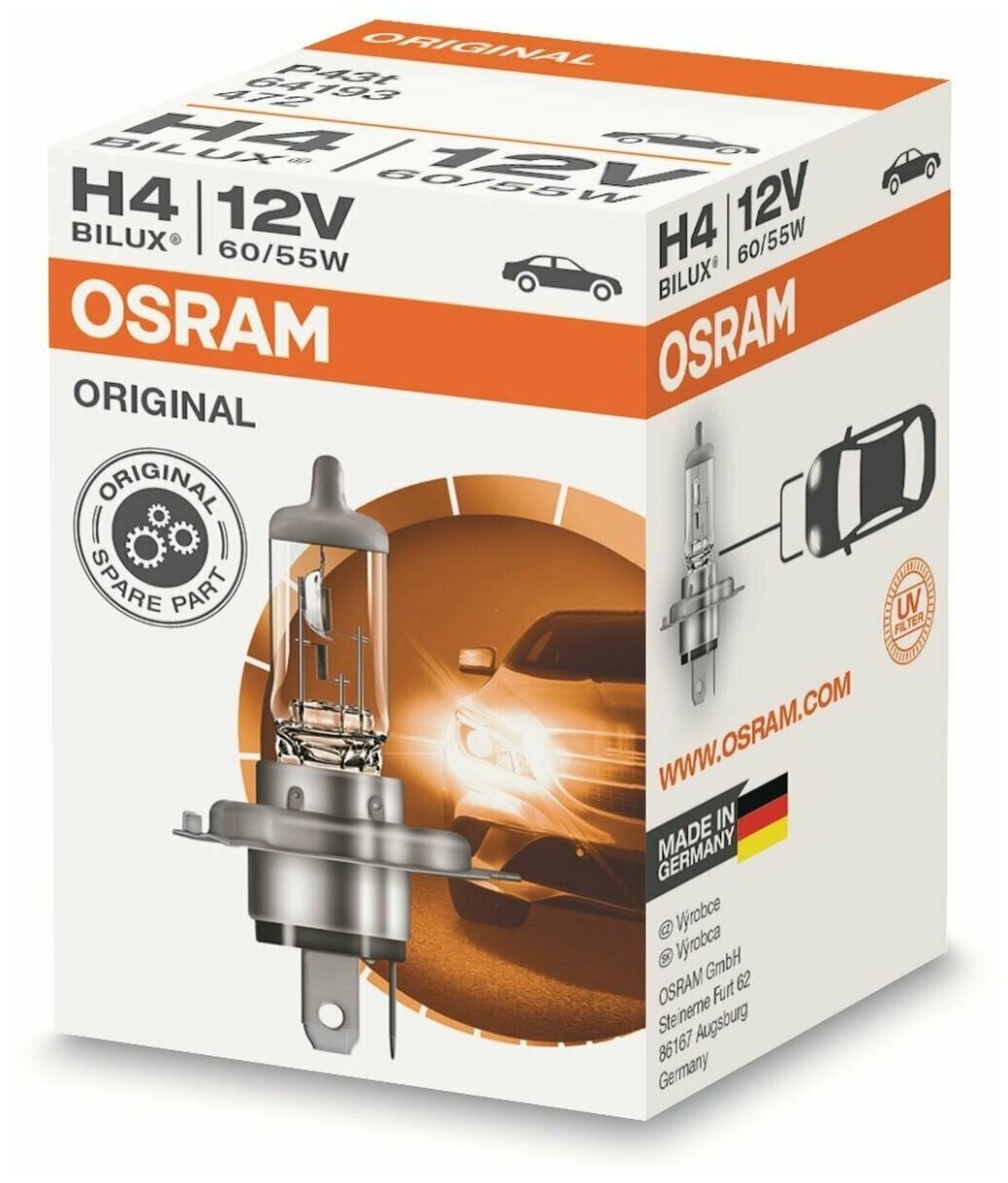 Лампа автомобильная галогенная Osram "Original Line", для фар, цоколь P43t, 12V, 60/55 Вт