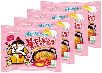 Лапша быстрого приготовления Hot Chicken острая курица в соусе карбонара Samyang, пачка 130 г х 4 шт
