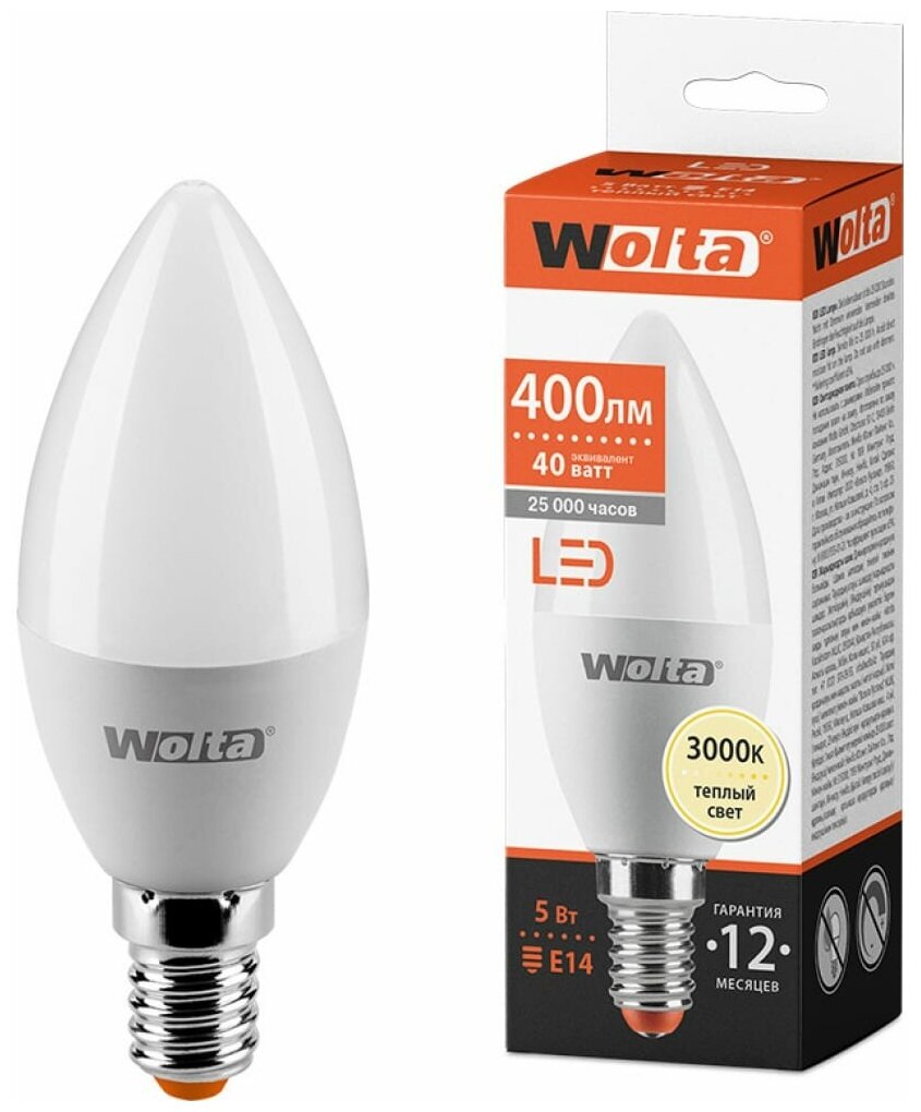 Лампа LED WOLTA C37 5Вт 400лм Е14 3000К 1/50