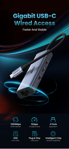 Концентратор UGREEN 60600 USB-C / 3*USB3.0 Hub+RJ45 (1000M) without power port, серый - фото №3