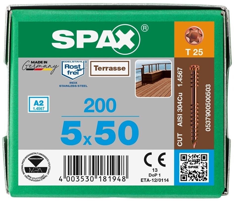 Шуруп Spax-D для террасной доски 5,0*50мм 0537900500503 A2 (200 шт), T-25