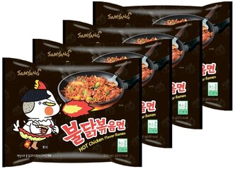 Лапша быстрого приготовления Hot Chicken острая курица Samyang, пачка 140 г х 4 шт