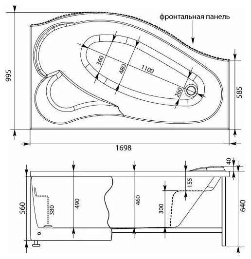 Акриловая ванна Aquanet Palma 170x90 R 00204023, правосторонняя ориентация, без каркаса, с сиденьем.