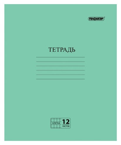 Тетрадь, зелёная обложка, 12 л, пифагор, офсет №2 эконом, клетка с полями, 104984 - 10 шт.