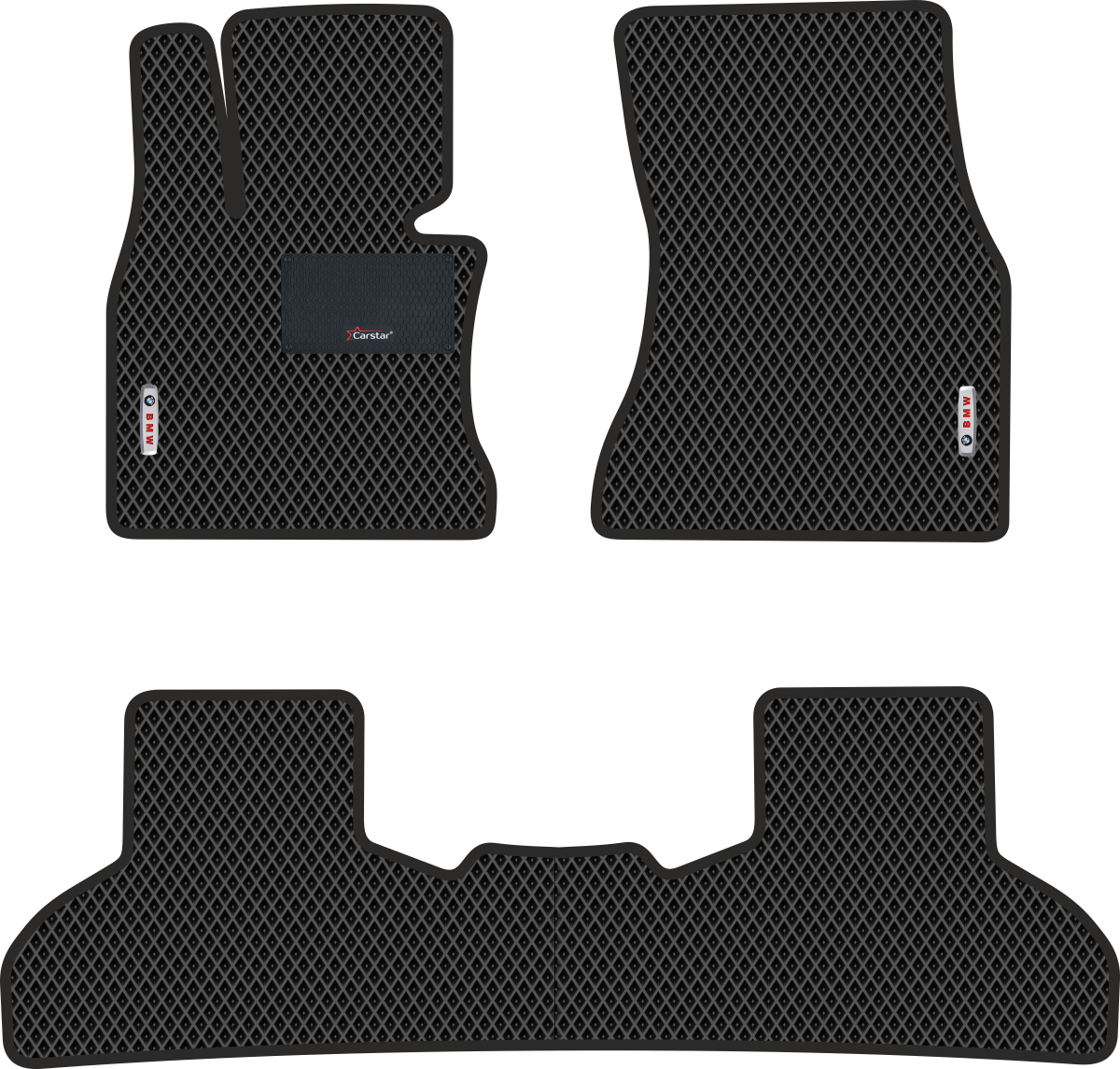 Автомобильные коврики EVA для BMW X5 III F15 (2013-2018) с каучуковым подпятником и 2 эмблемами BMW, чёрные с чёрным кантом, ячейка - ромб