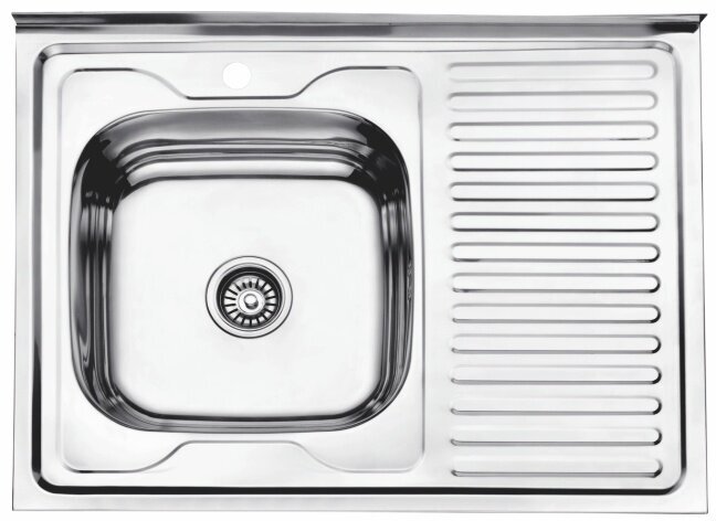 Мойка кухонная из нержавеющей стали, накладная 800x600x180 (0,8 мм), выпуск 3 1/2", левая чаша декор - фотография № 2