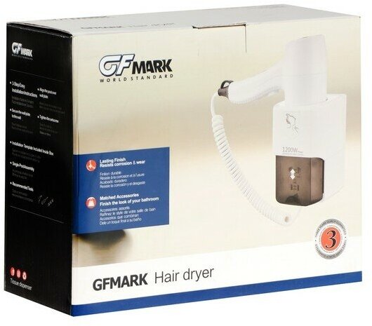 Фен GFmark 6812, настенный, 1200 Вт, 2 режима, бело-чёрный 9581051 - фотография № 8