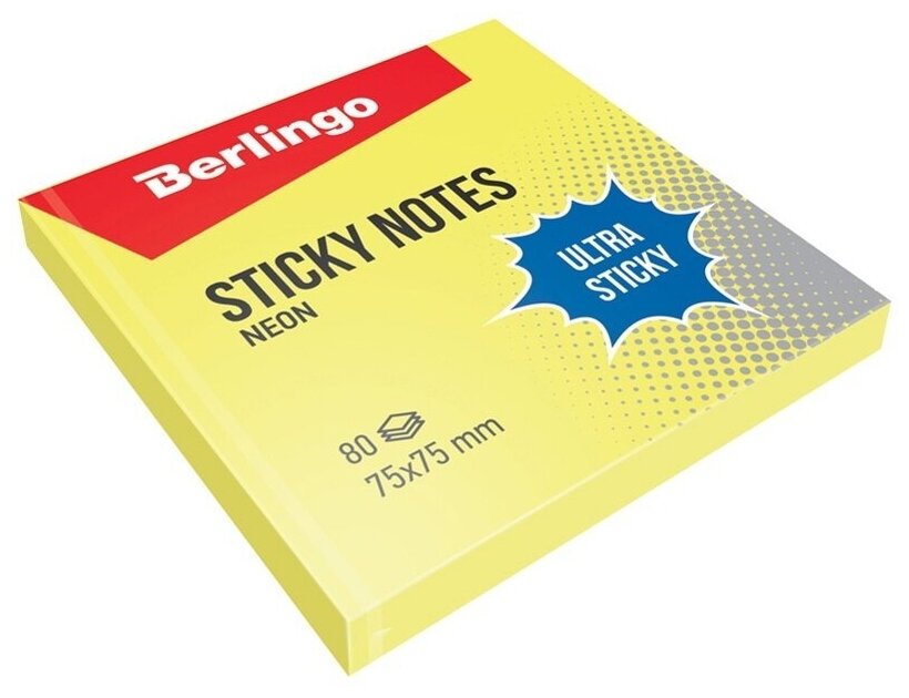 Самоклеящийся блок Berlingo "Ultra Sticky", 75х75 мм, 80 листов, желтый неон (LSn_39200)