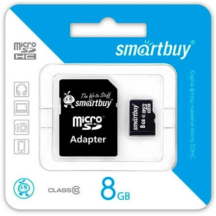 Карта памяти флешка Smartbuy MicroSDHC 8GB Class 10 + SD Adapter