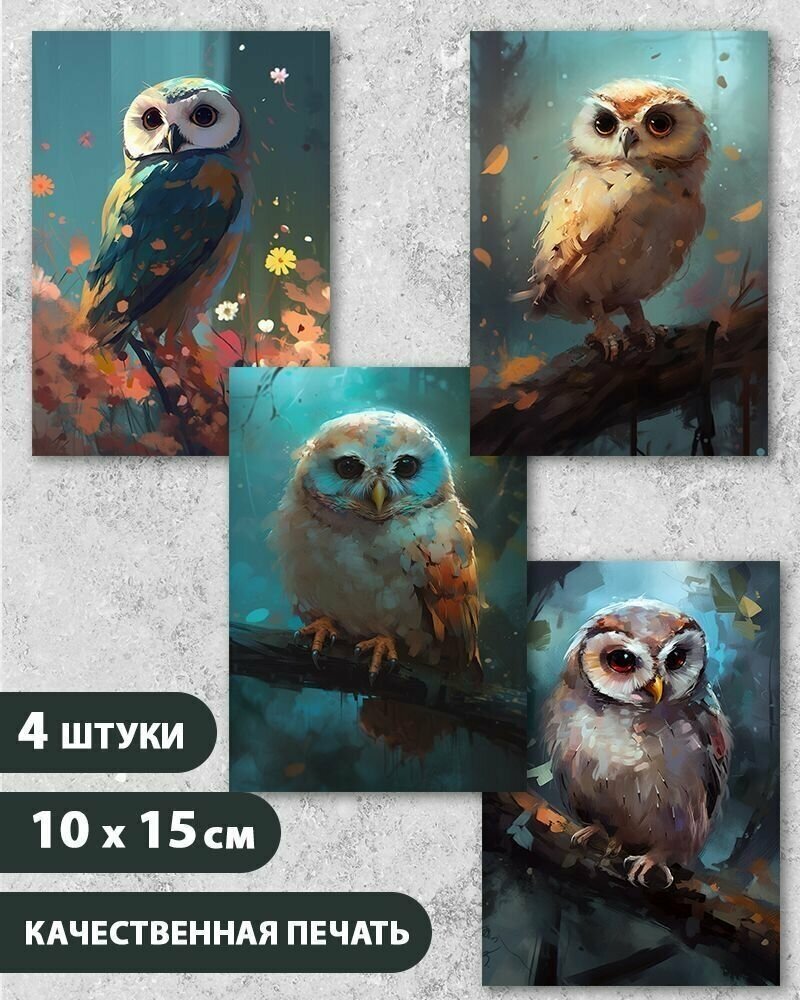 Набор открыток "Сова 2", 10.5 см х 15 см, 4 шт, InspirationTime, на подарок и в коллекцию