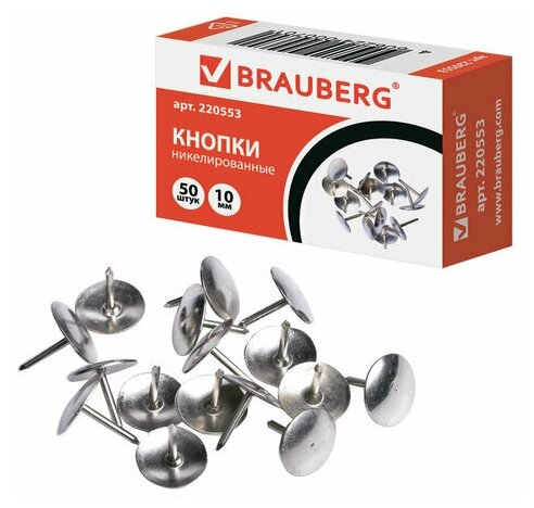 Кнопки канцелярские Brauberg, d=10мм, металлические, 50шт, картонная упаковка (220553), 100 уп.