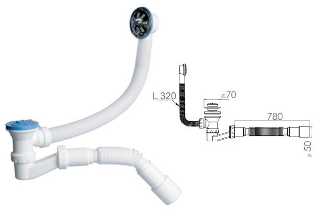 Сифон для ванны выпуск D70 перелив гибкая труба 40х40/50 AV ENGINEERING (AVE129730) - фотография № 2