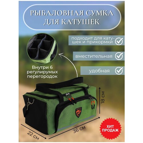 сумка для катушек r 16 231610 Cумка для хранения катушек рыболовных, органайзер для рыболовных снаряжений, чехол для спиннинговых катушек 6 секций, зеленая сумка рыболовная