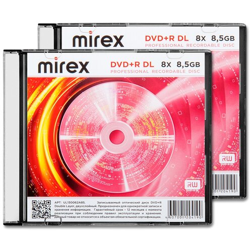 Диск Mirex DVD+R DL 8,5Gb 8x slim, упаковка 2 шт. диск dvd r dl 8 5gb mirex 8x double layer cake box упаковка 30 шт