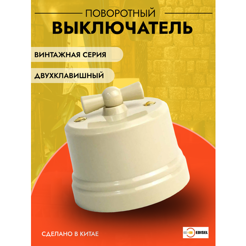 Винтажный ретро выключатель поворотный 2 клавишный, пластик, KBSw2-02, слоновая кость, EDISEL ВASIC переключатель поворотный 1 кл абс пластик edisel вasic слоновая кость упаковка 2 шт