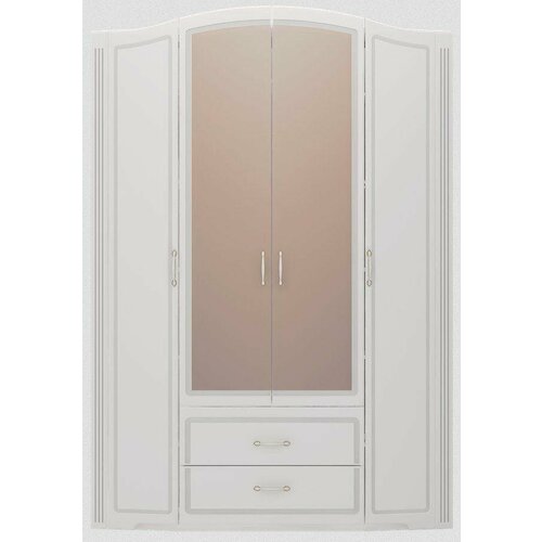 Шкаф для одежды с ящиками с зеркалами Ижмебель 4-х дверный Виктория модуль 2 Белый глянец с порами/белая глянцевая ПВХ пленка