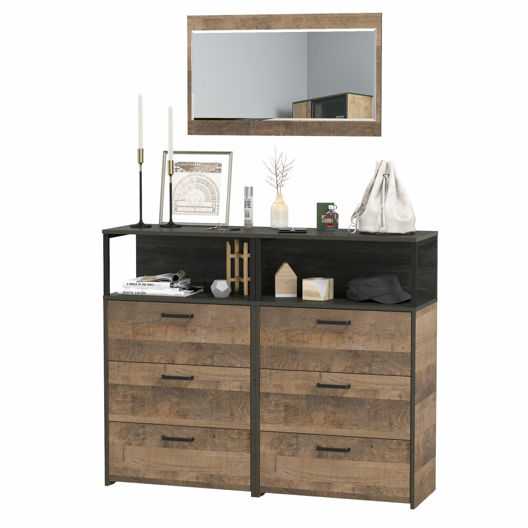 фото Два комода с ящиками Трувор 13.307.02 и зеркало, цвет дуб гранж песочный/интра, ШхГхВ 132х37х195 см.