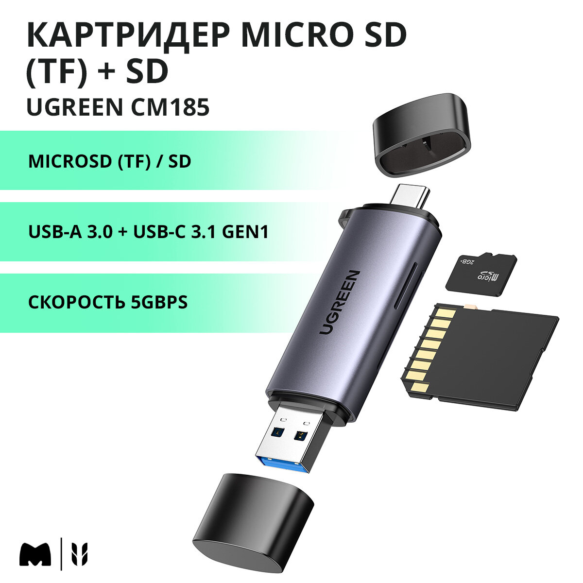 UGREEN. Кардридер USB-C + USB-A 3.0 для карт памяти TF/SD (50706)