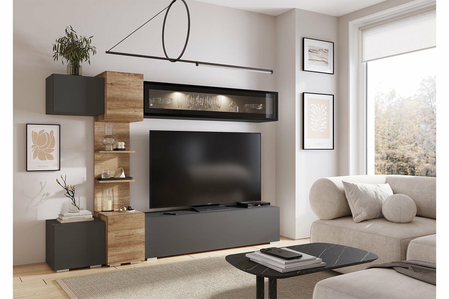 Гостиная Hoff Рейн настенная/напольная 220х160х40 см ЛДСП/стекло цвет графит дуб каньон