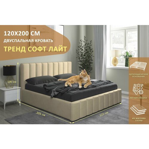 фото Двуспальная кровать тренд софт лайт 120х200 см, с ортопедическим подъемным механизмом, без ножек, цвет бежевый santmax