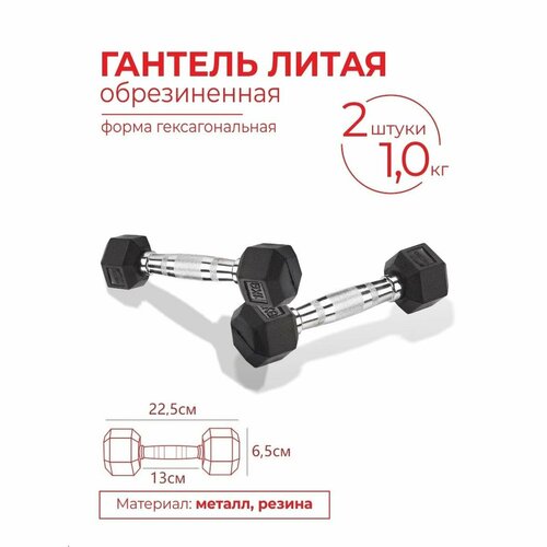 Гантели литые обрезиненные INDIGO, гексагональные, 2шт по 1кг