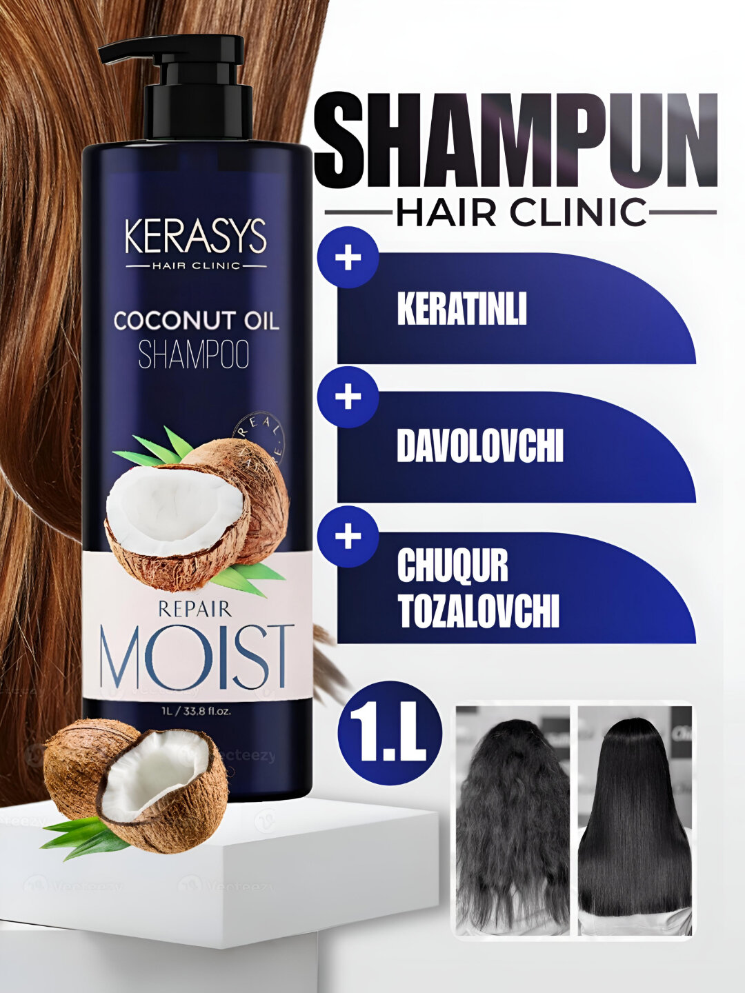 Шампунь - Для сухих волос, глубоко увлажняет, Kerasys Coconut Oil, Корея 1000 мл