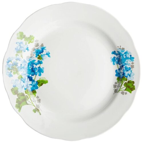 фото Дулёвский фарфор тарелка мелкая вырезной край голубая герань 24 см