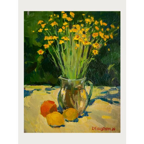 Картина “Натюрморт с жёлтыми цветами и лимонами” | размер холста на картоне 40*50 см, масло 2020 г | cовременный художник Д. Молостнова