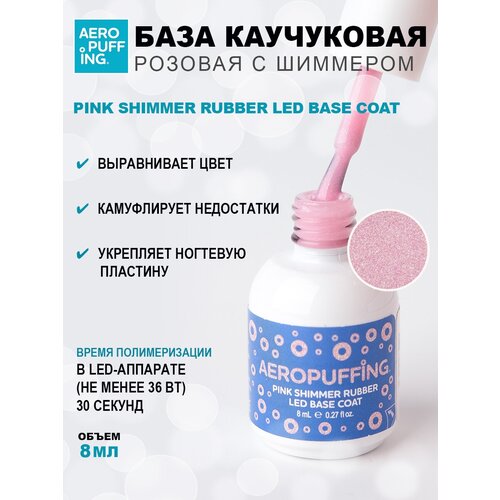 лак global fashion каучуковая база для гель лака strong long lasting rubber base coat Aeropuffing, база каучуковая розовая с шиммером Pink Shimmer Rubber LED Base Coat, 8 мл