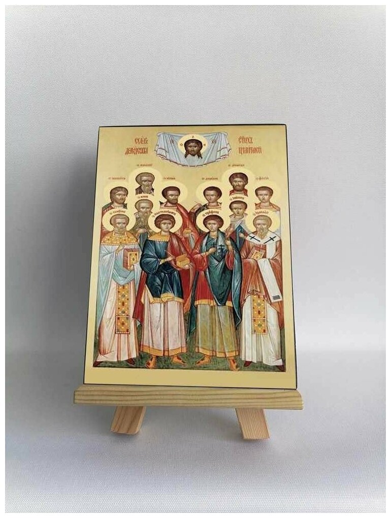 Освященная икона на дереве ручной работы - Собор святых целителей, 15х20х3,0 см, арт Б0293