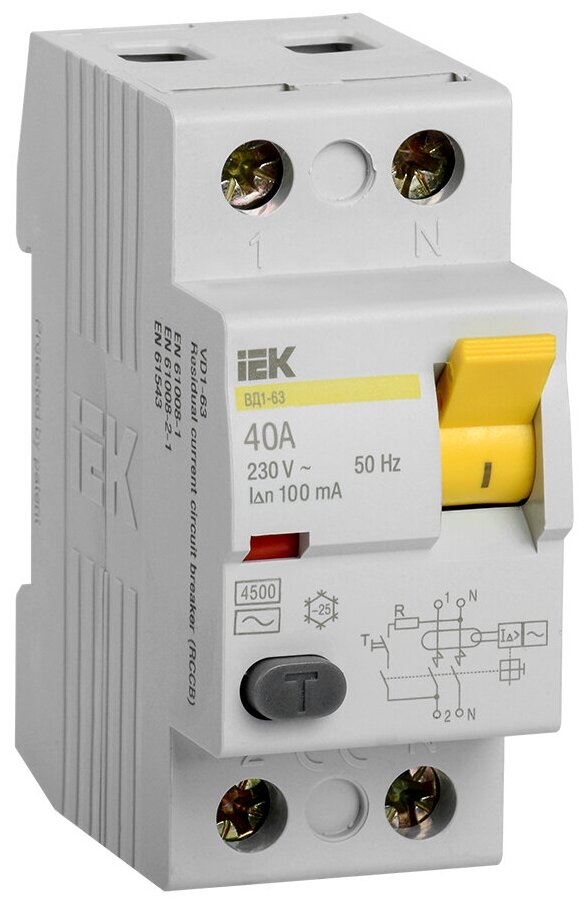 Выключатель дифференциального тока (УЗО) 2п 40А 100мА тип AC ВД1-63, IEK MDV10-2-040-100 (1 шт.)