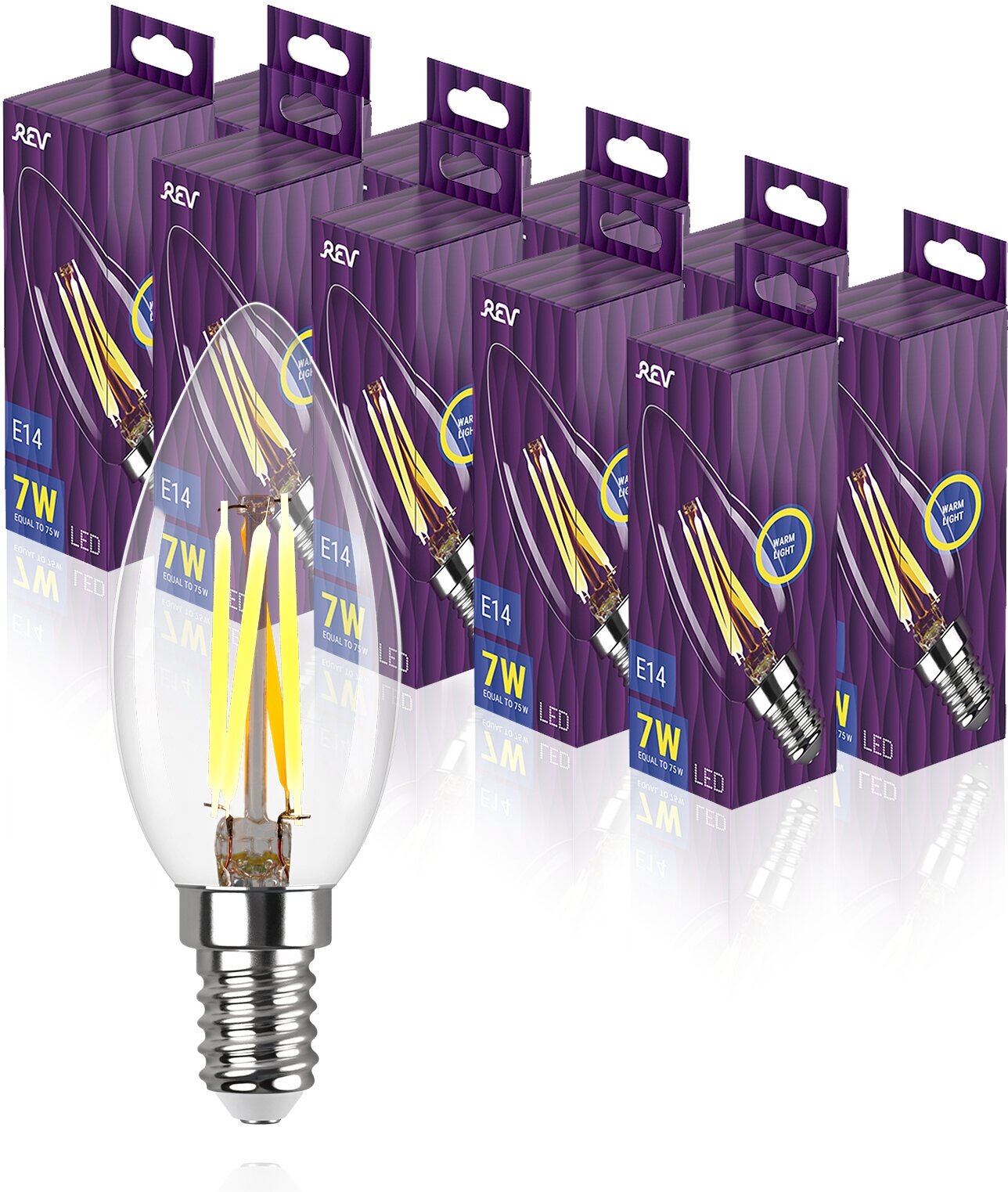 Упаковка светодиодных филаментных ламп 10 шт REV 32486 7, 2700К, Е14, FC37, 7Вт