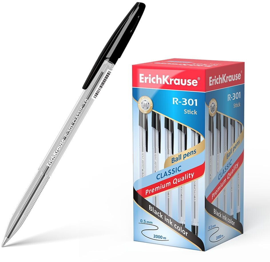 ErichKrause Набор шариковых ручек R-301 Classic Stick, 1.0 мм, 43185, черный цвет чернил, 50 шт.