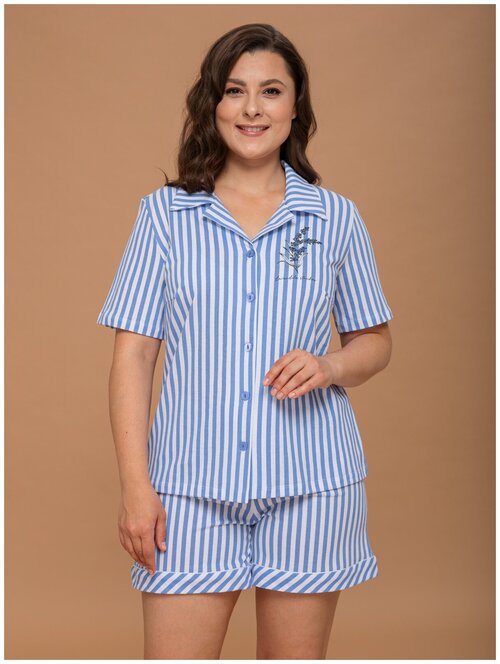 Домашняя женская пижама Алтекс с шортами и рубашкой голубая, размер 46