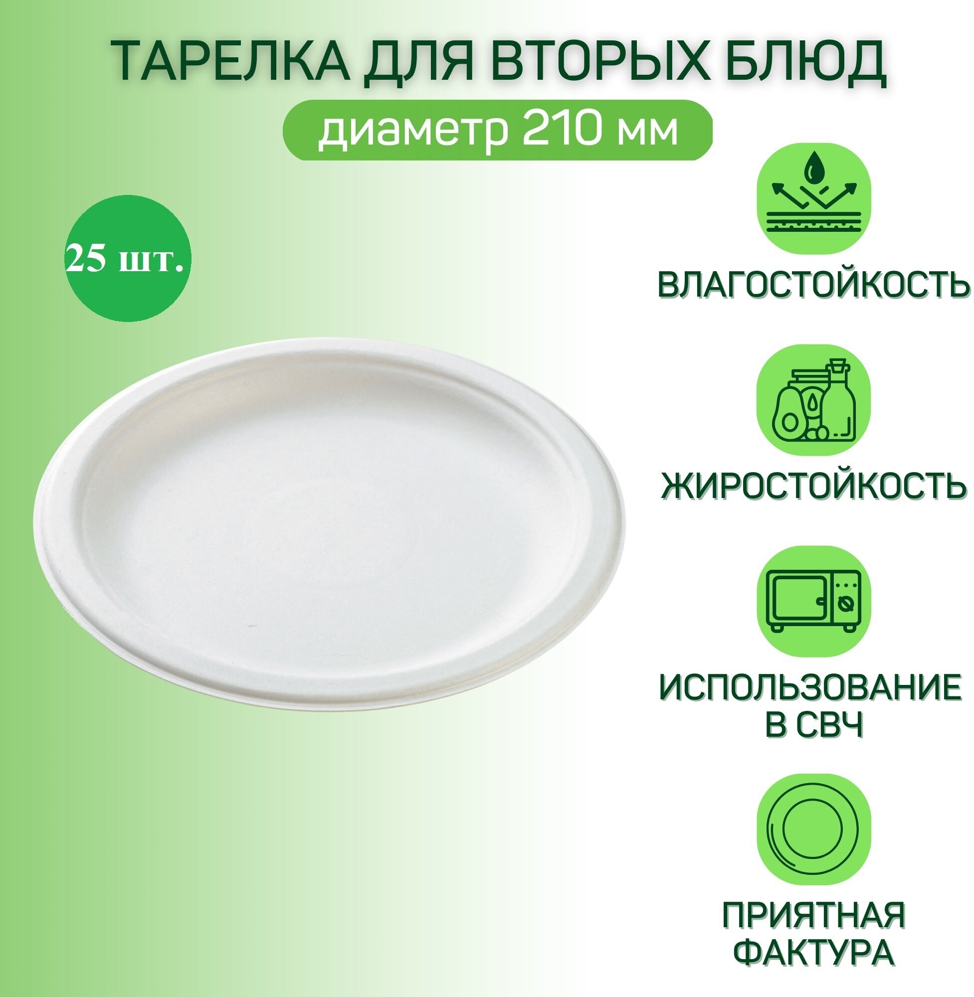 Тарелка круглая одноразовая - Д210мм, биоразлагаемая (ЭКО) из древесной целлюлозы - белая, для холодных и горячих блюд - фотография № 1